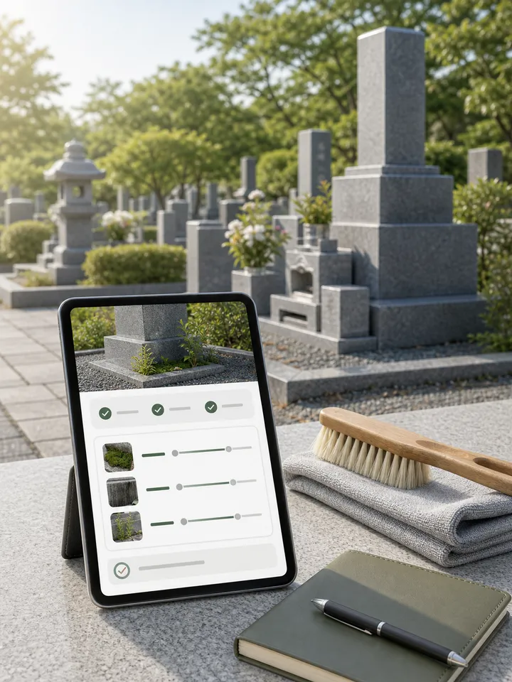写真から、お墓の汚れ・掃除方法をAIが分析しますのUI参考
