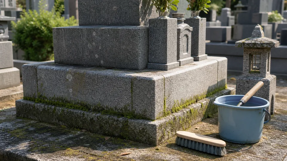 コケが付いた墓石と柔らかい掃除道具