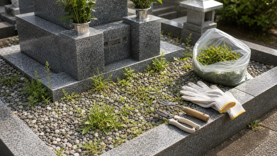 雑草が生えた墓所と草抜き道具