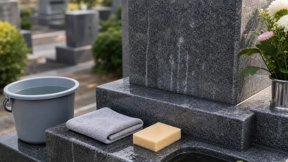 水垢が残る墓石と乾拭き用の布